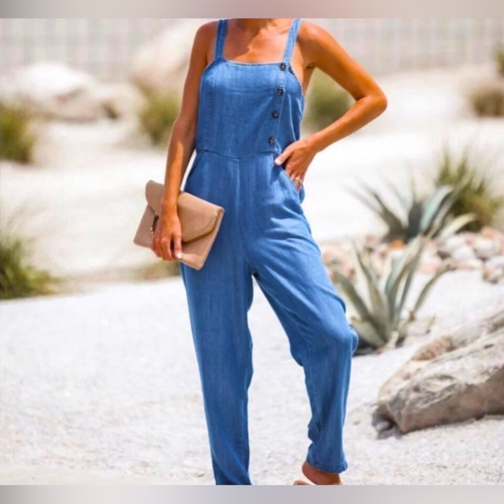 VICI overall style jumpsuit w/pockets chambray/Tencel NEW & Xtra buttons large